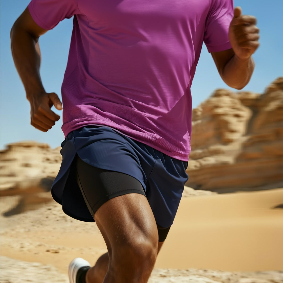 Person running in a desert landscape wearing a purple shirt and blue shorts (Blue)