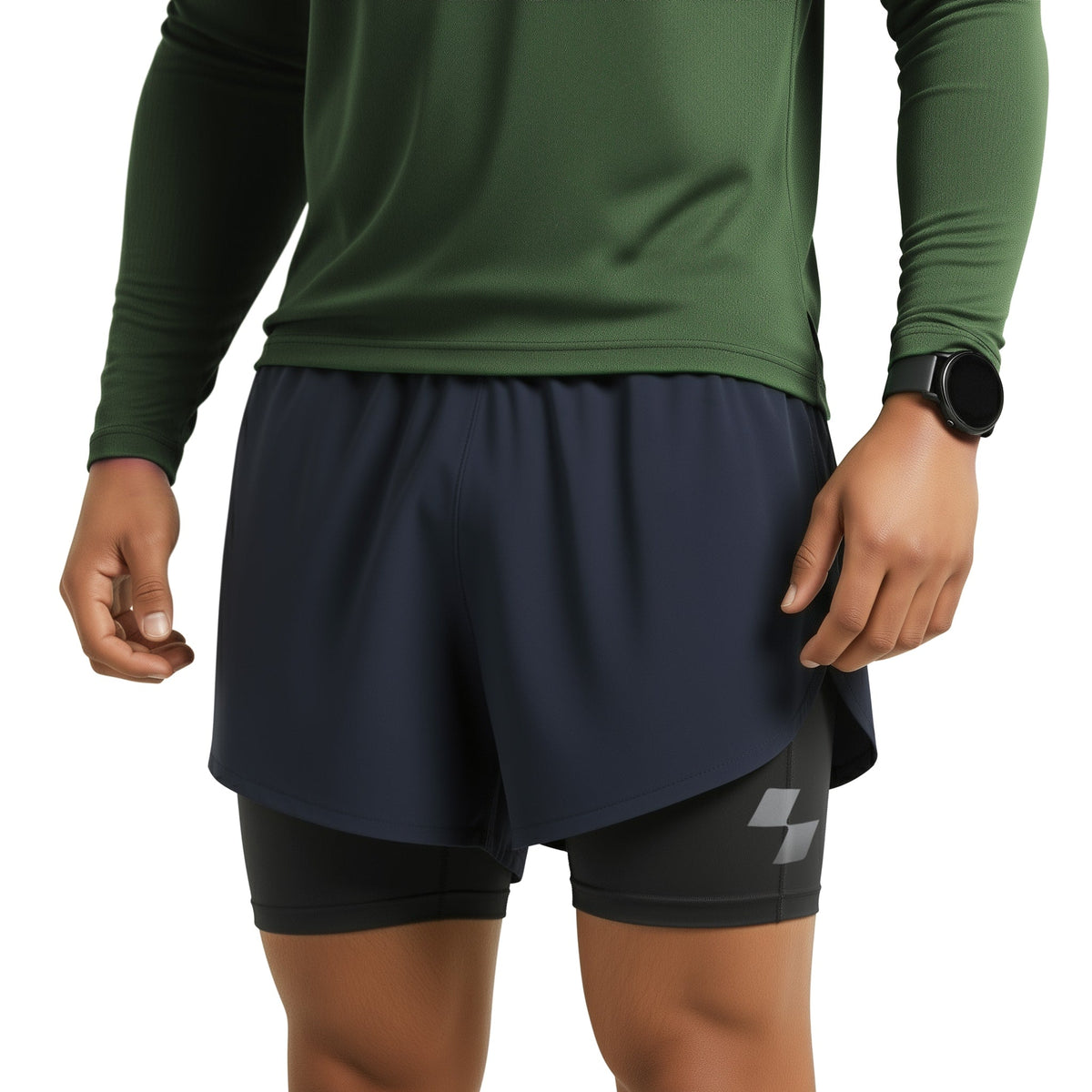 Person wearing a green long-sleeve shirt and navy shorts with a white background (Blue)