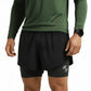 Person wearing a green long-sleeve shirt and black athletic shorts on a white background (Black)