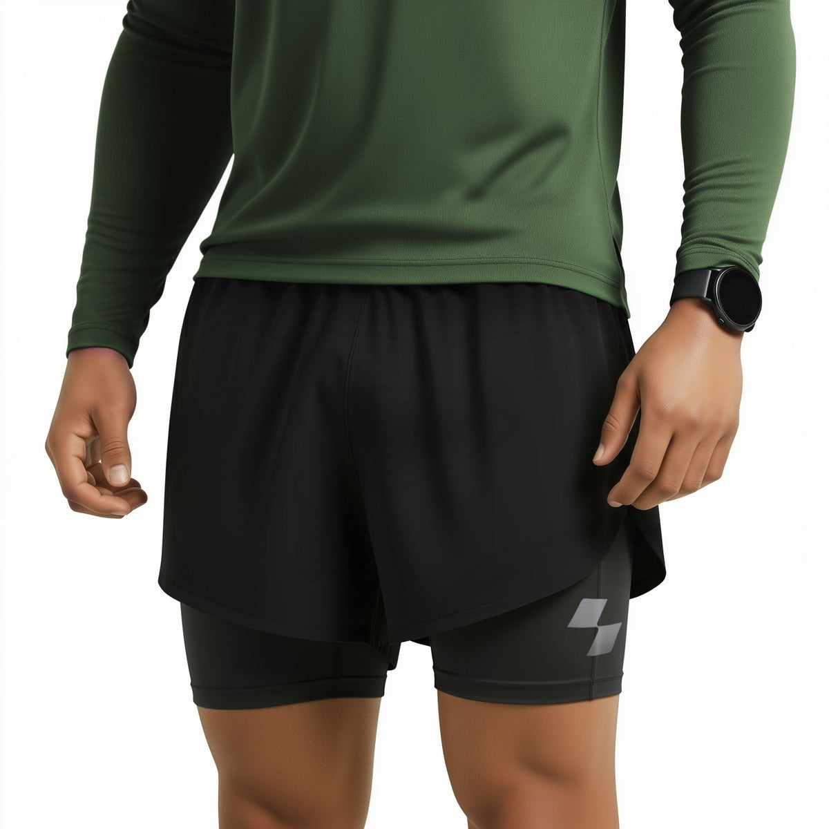 Person wearing a green long-sleeve shirt and black athletic shorts on a white background (Black)