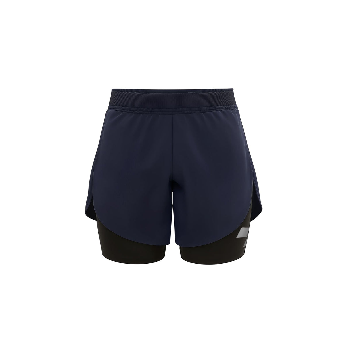 Navy blue athletic shorts with a white logo on a white background (Blue)