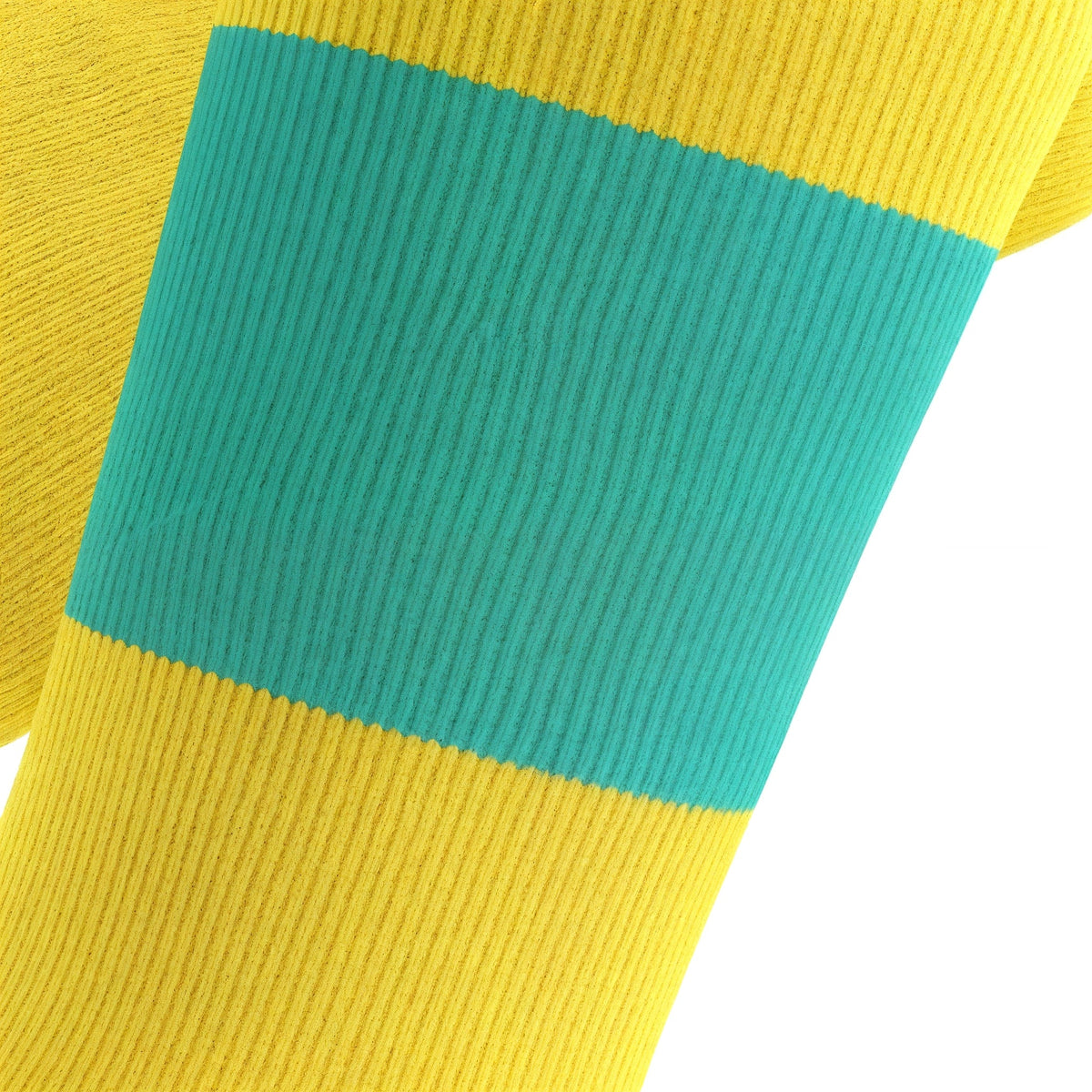 Close-up of a yellow sock with a teal band on a white background (Green)