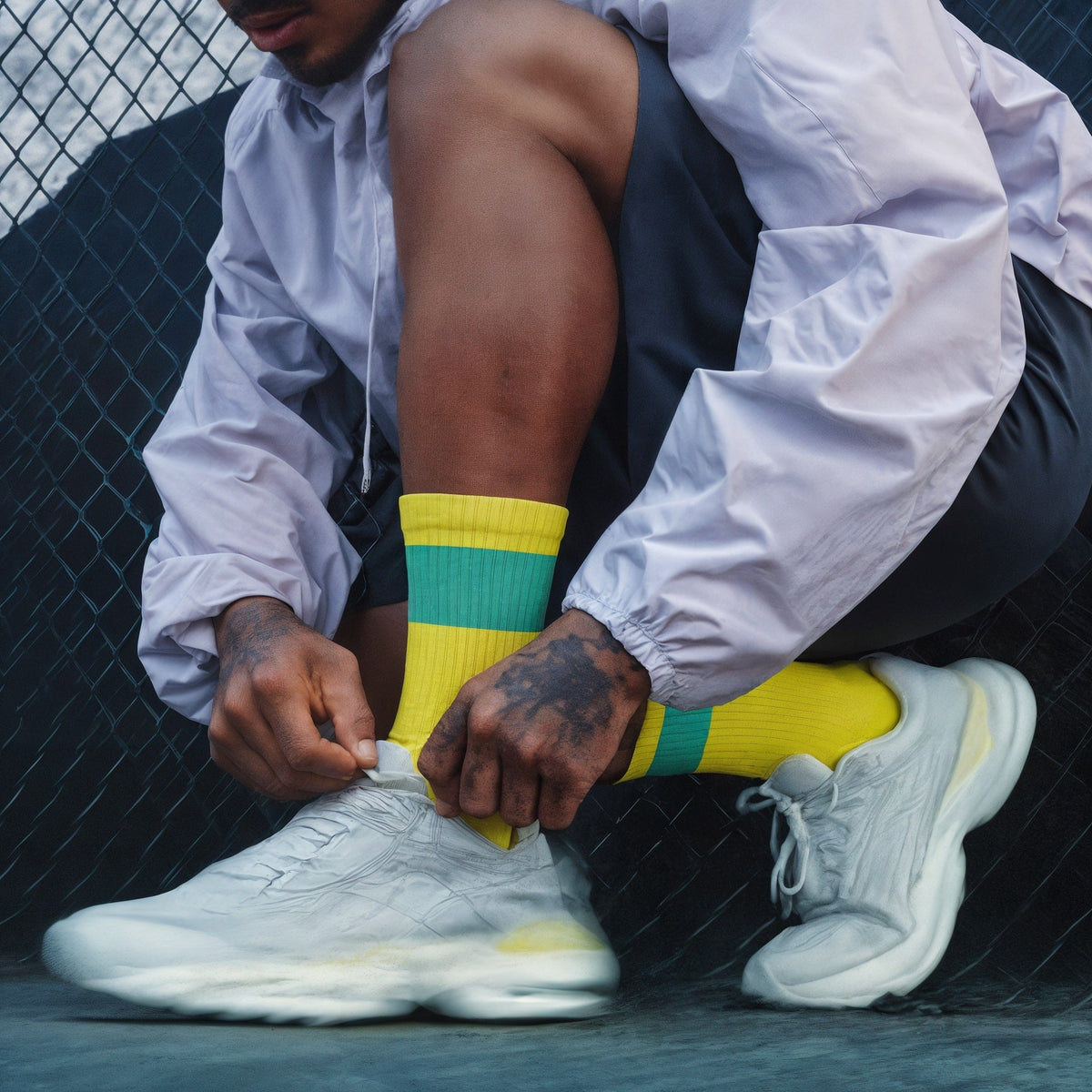 Person tying white sneakers with colorful socks on a dark background (Green)