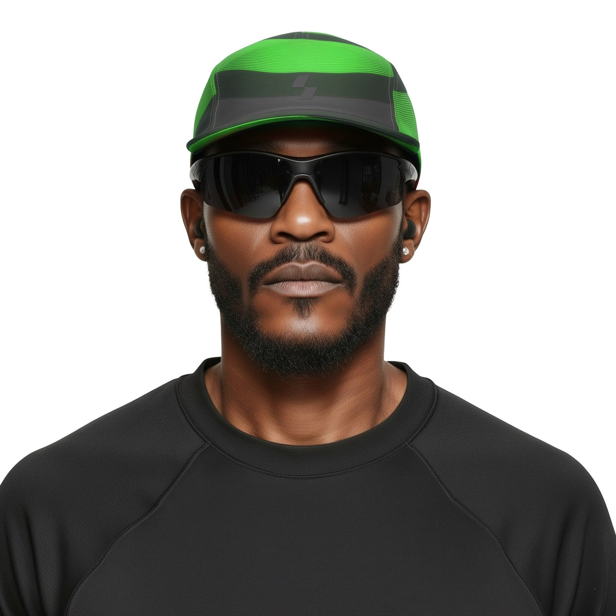 Man wearing a green and black cap and sunglasses on a white background (Green)
