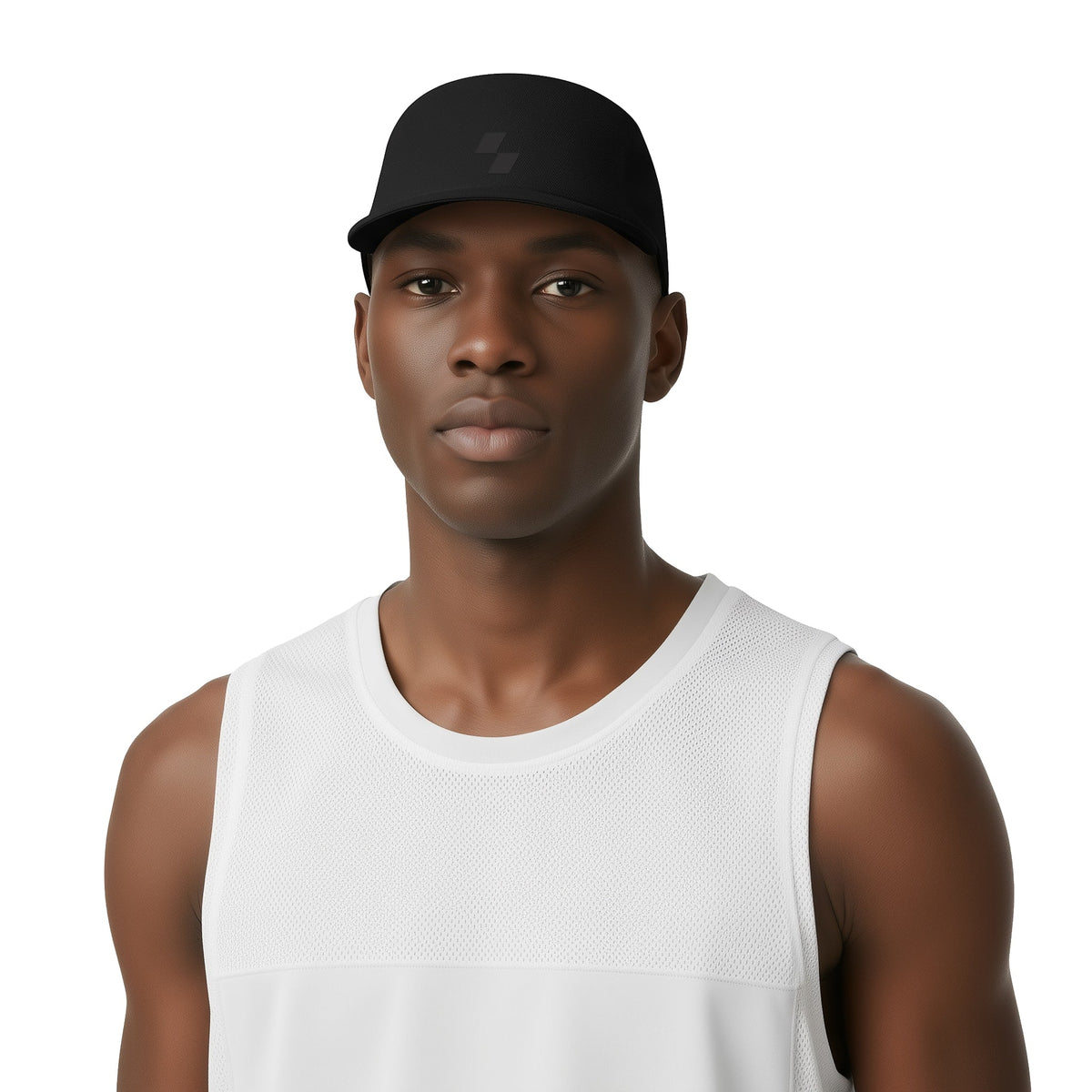 Man wearing a black cap and white tank top on a white background (Black)