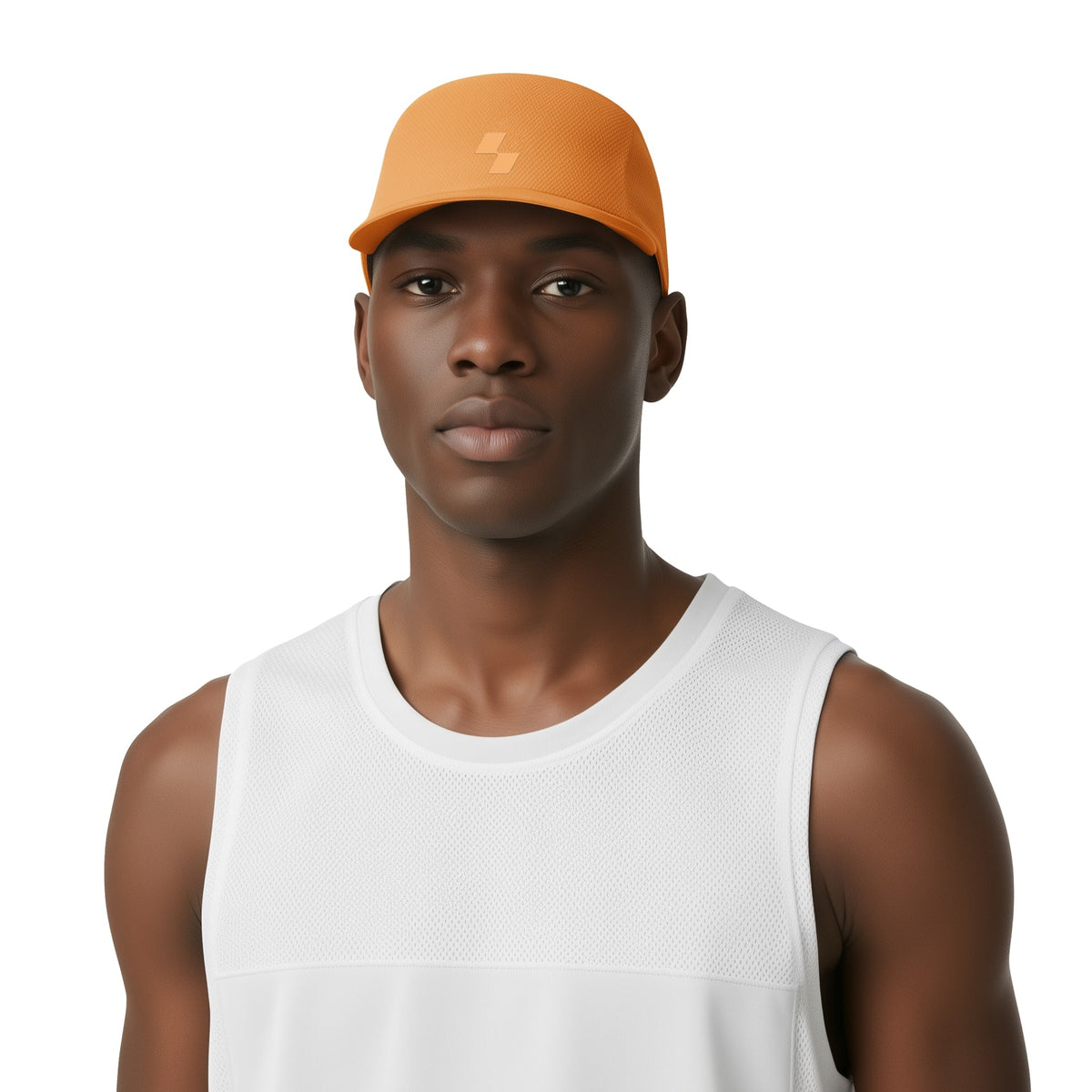 Man wearing an orange cap and white tank top on a white background (Orange)
