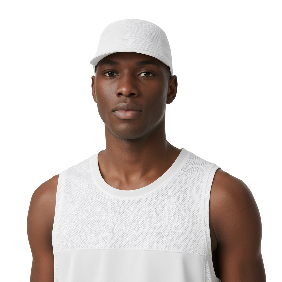 Man wearing a white tank top and cap on a white background (White)