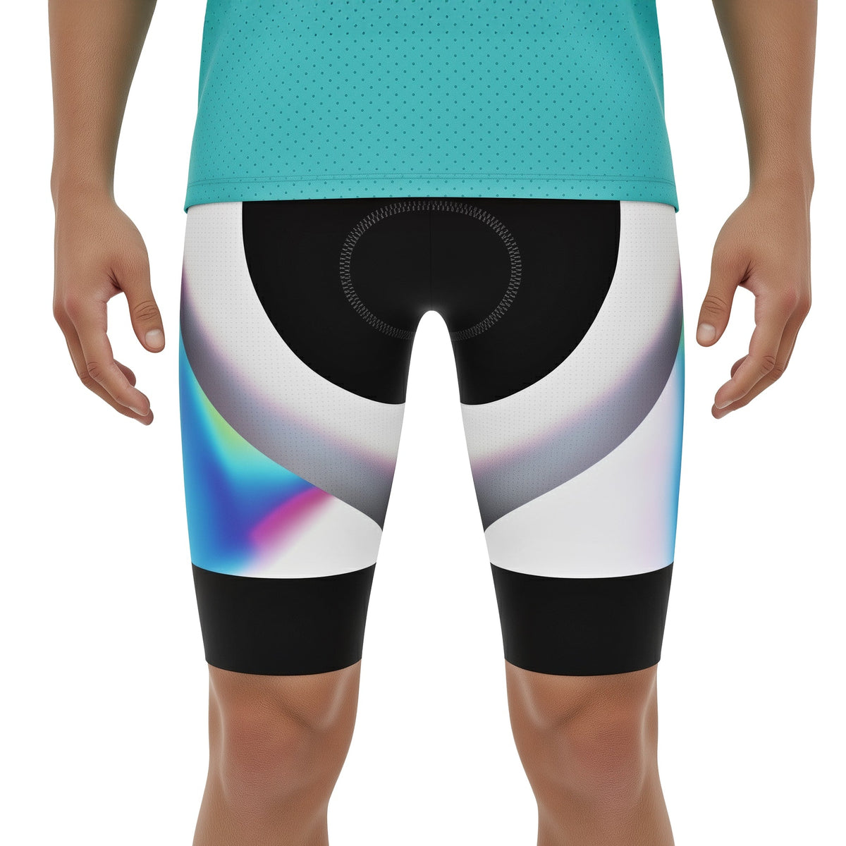 Person wearing colorful cycling shorts with a white background (Black)