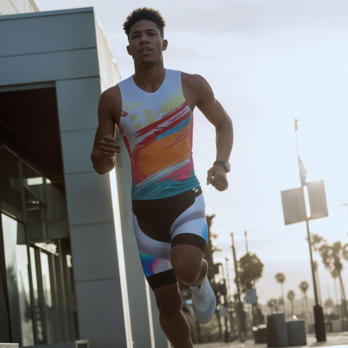 Person running outdoors wearing a colorful athletic outfit with palm trees and buildings in the background (White)
