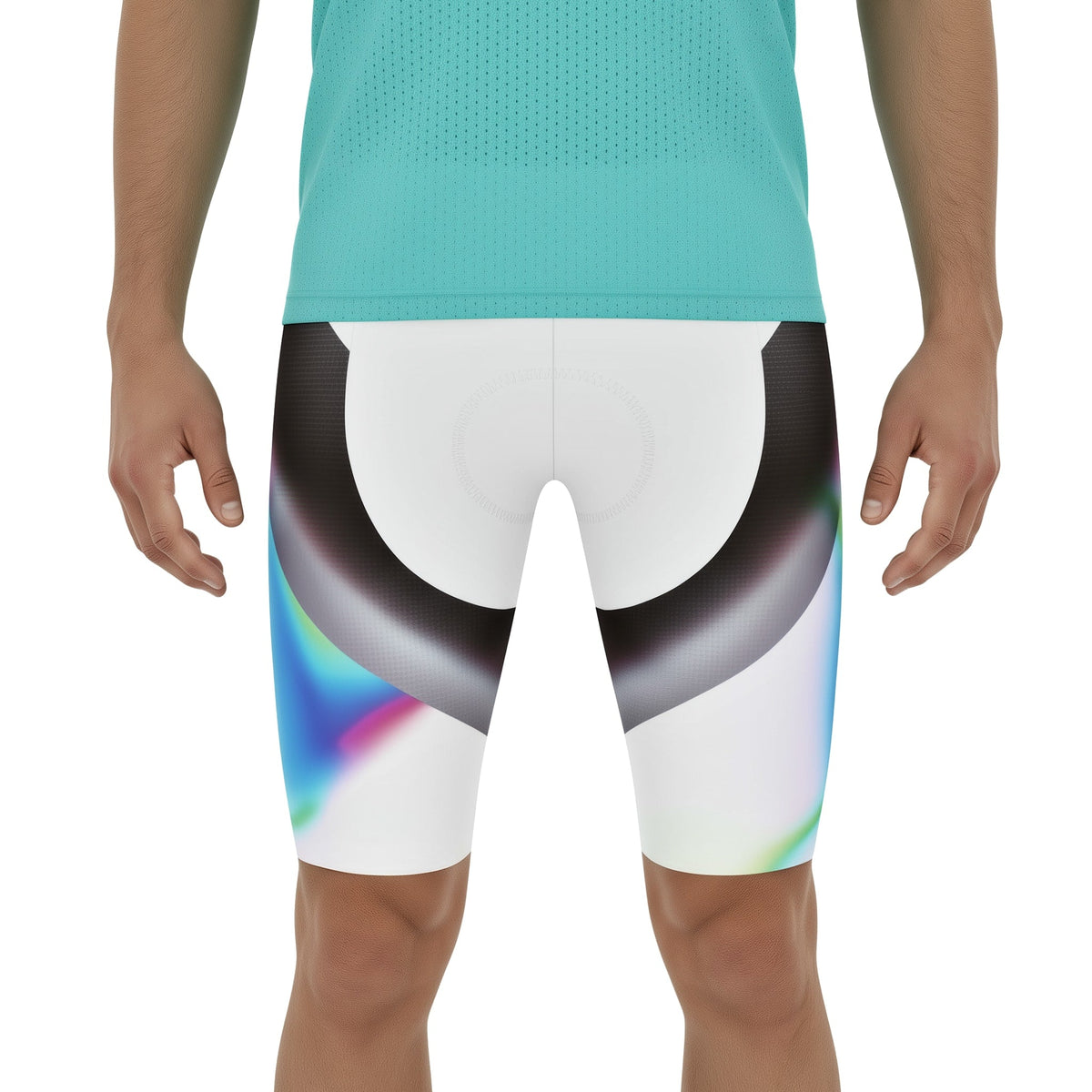 Person wearing colorful athletic shorts with a white background (white)