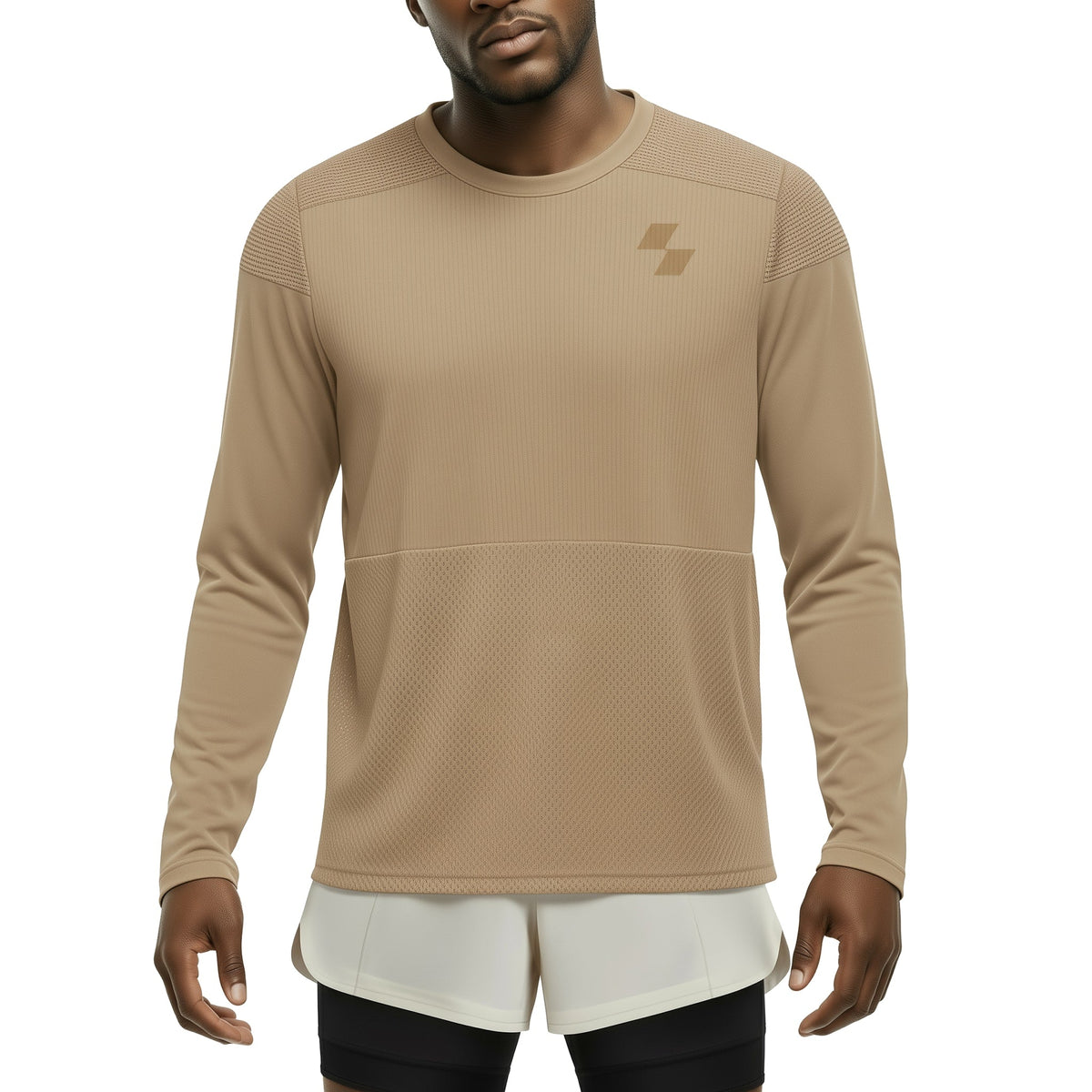 Man wearing a beige long-sleeve athletic shirt with a logo on a white background (Beige)