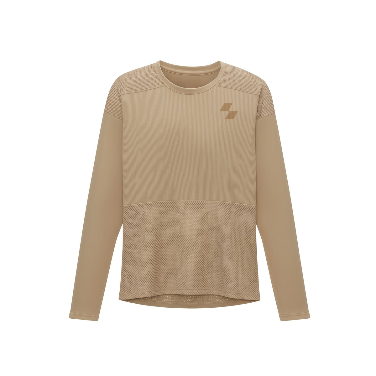 Beige long-sleeve shirt with a logo on a white background (Beige)