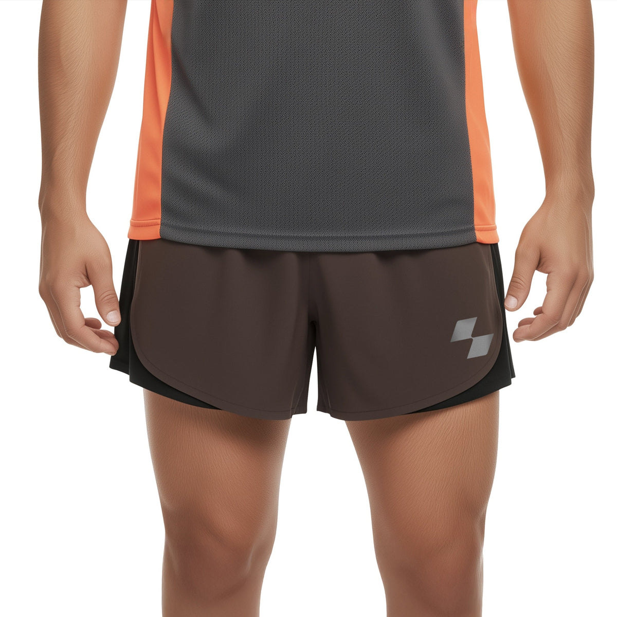 Person wearing a gray and orange athletic shirt with black shorts on a white background (Brown)