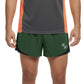 Person wearing green athletic shorts and a gray and orange top on a white background (Green)