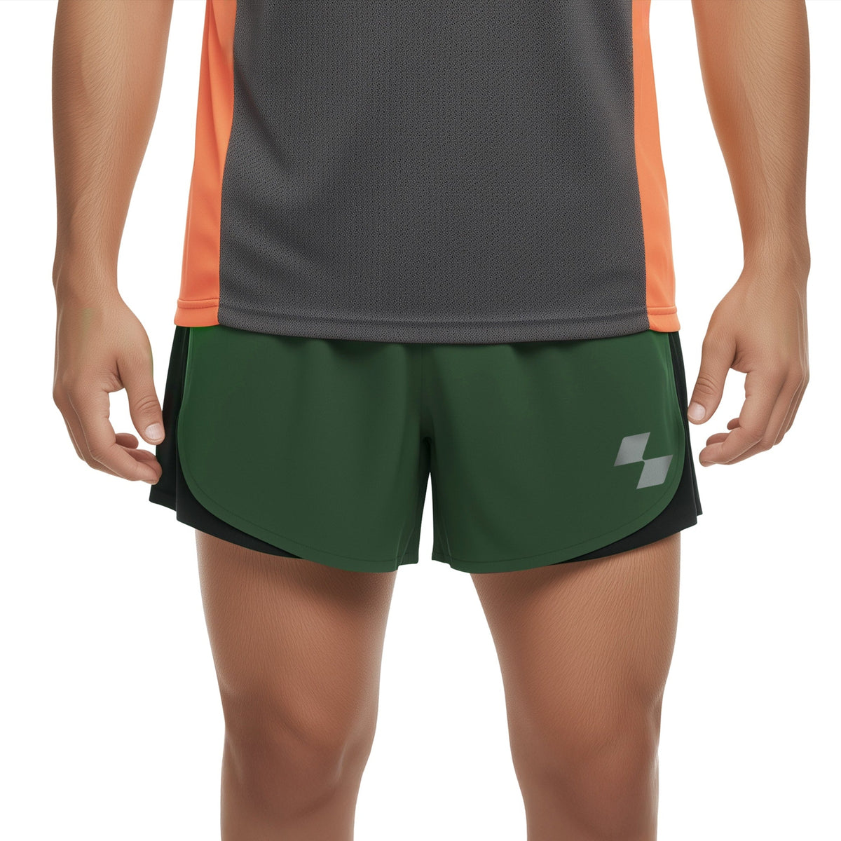 Person wearing green athletic shorts and a gray and orange top on a white background (Green)