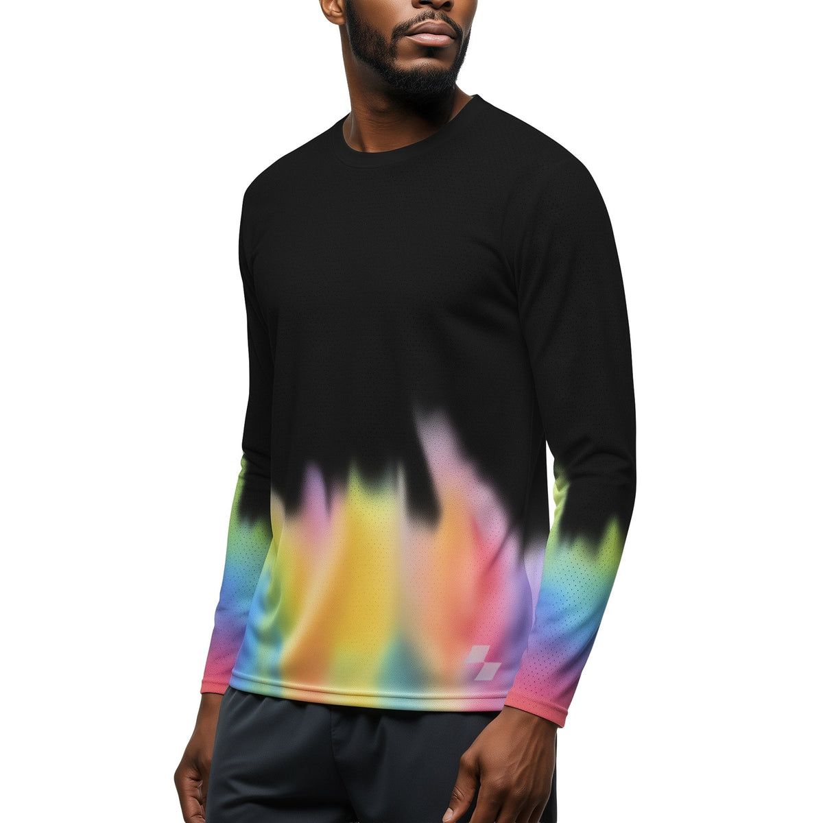 Black long-sleeve shirt with colorful gradient design worn by a person on a white background (Black)