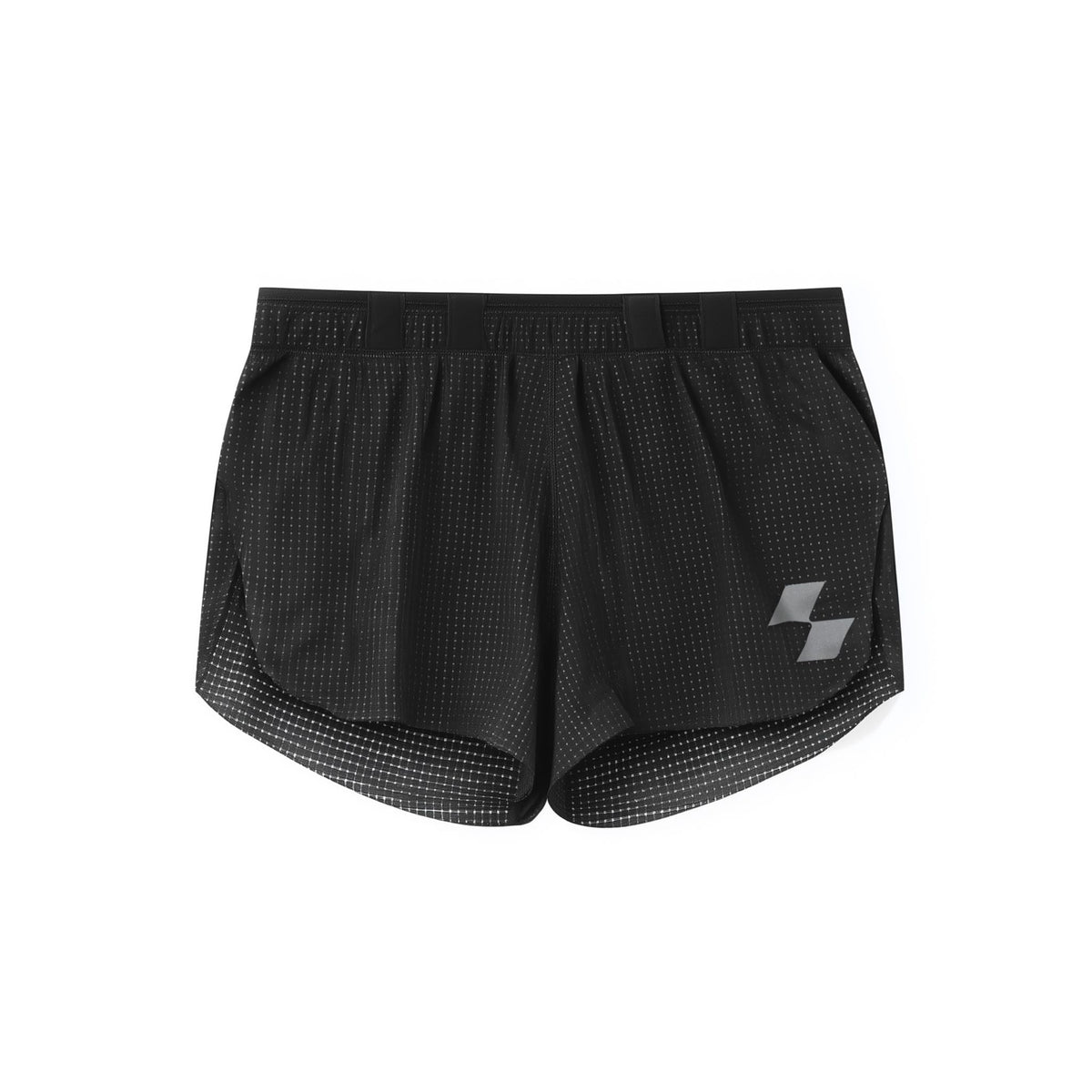 Black athletic shorts with a logo on a white background (Black)