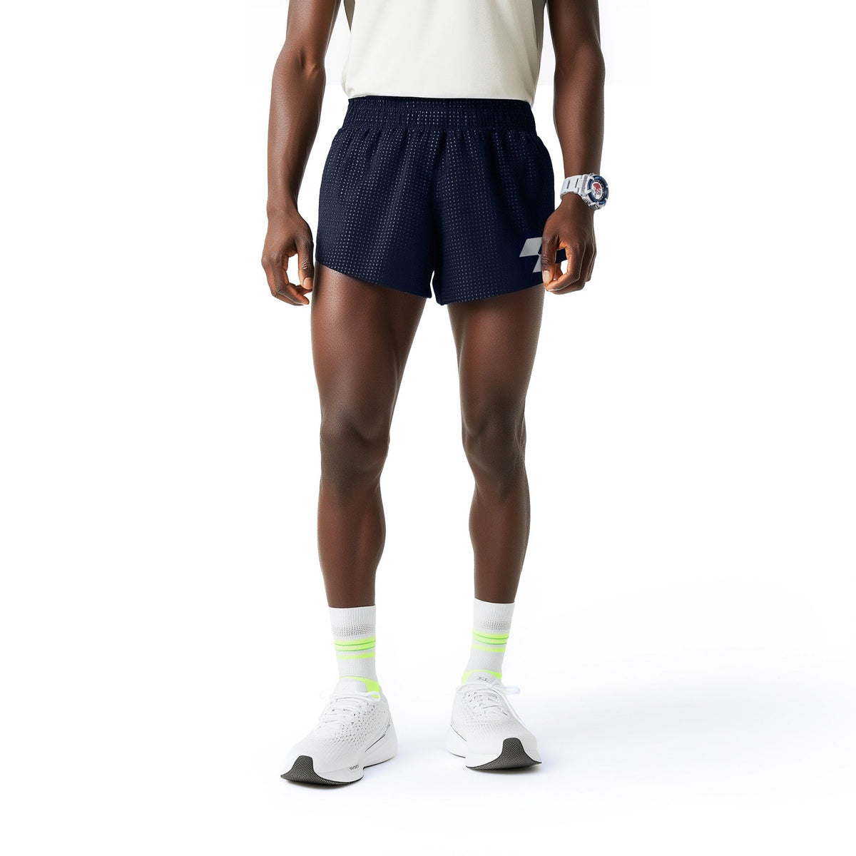 Person wearing navy checkered shorts on a white background (Blue)