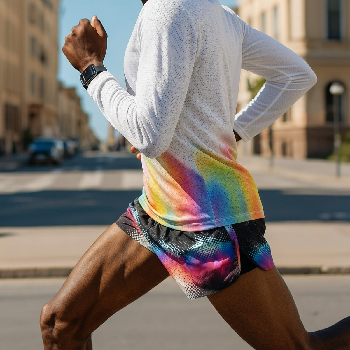 Person running on a street wearing colorful shorts and a white long-sleeve shirt. (Black)