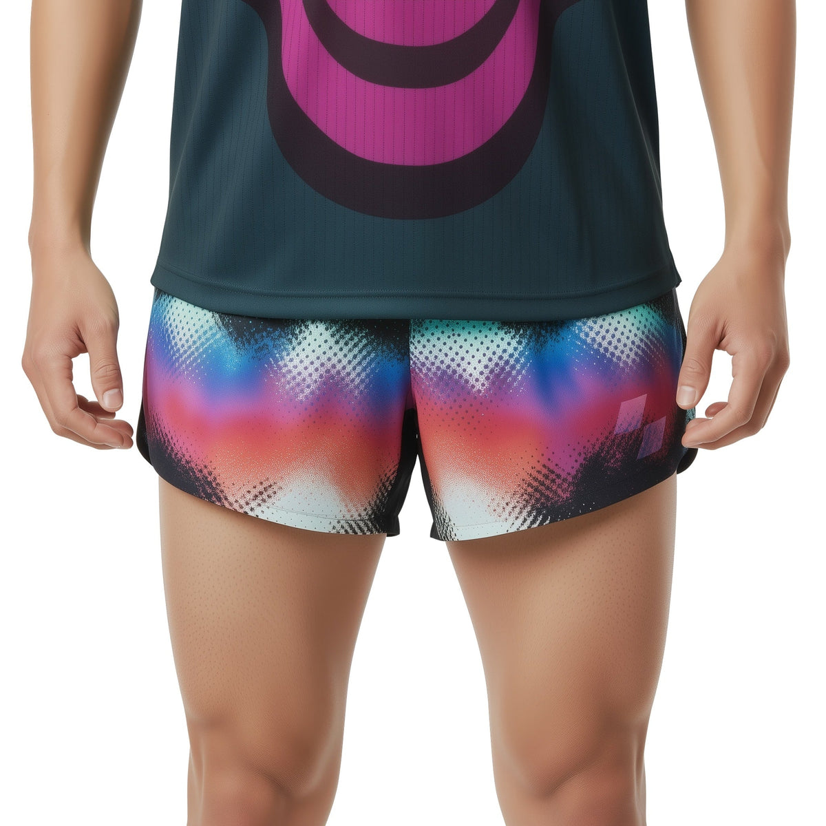 Multicolored patterned shorts worn by a person on a white background (Black)