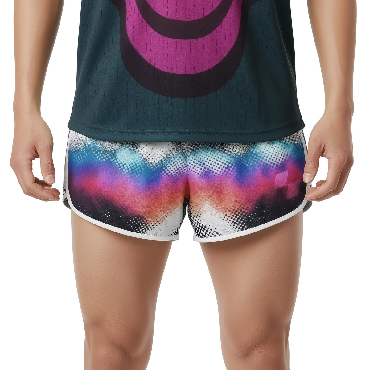 Person wearing colorful shorts and a dark shirt on a white background (White)