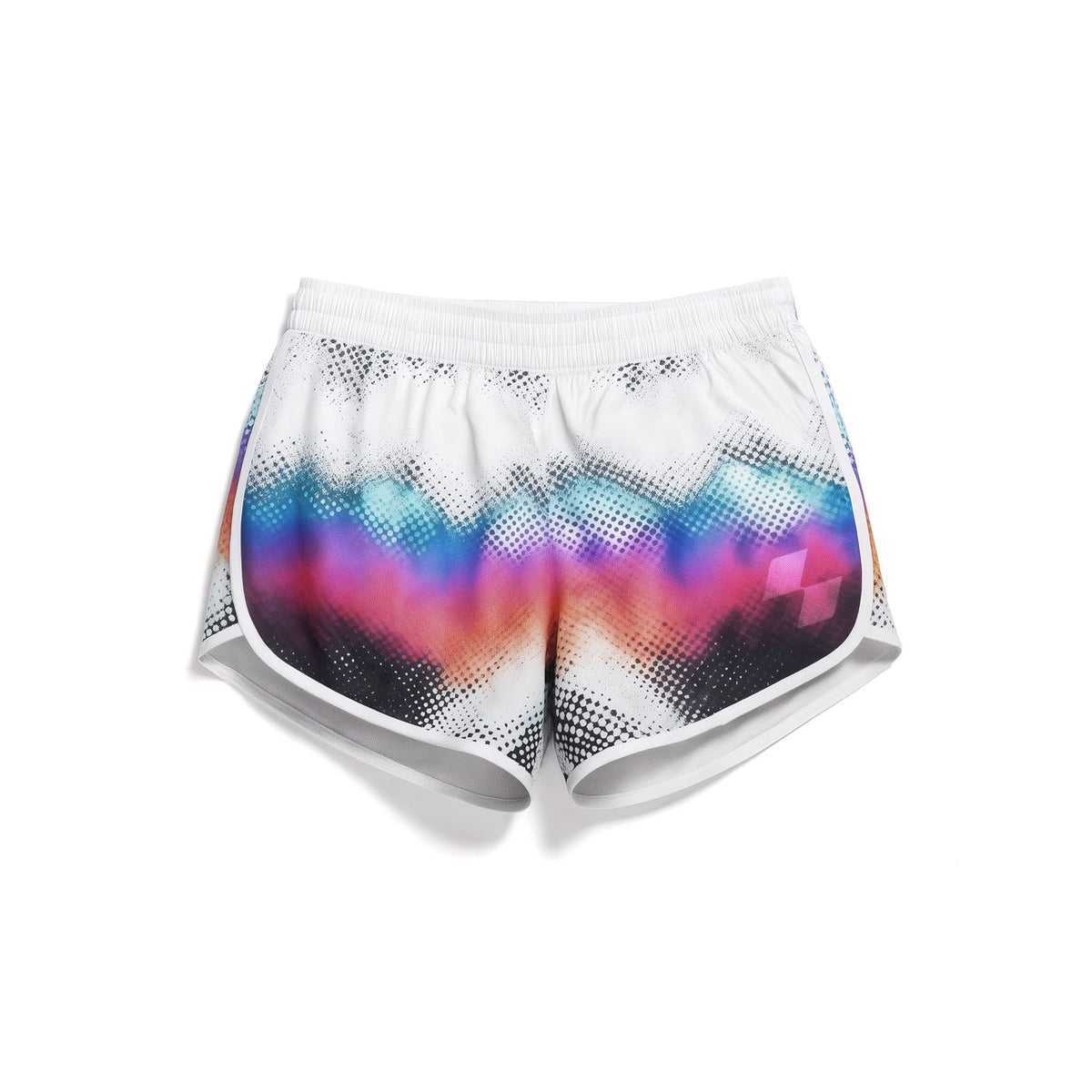 White shorts with a colorful gradient pattern on a white background (White)