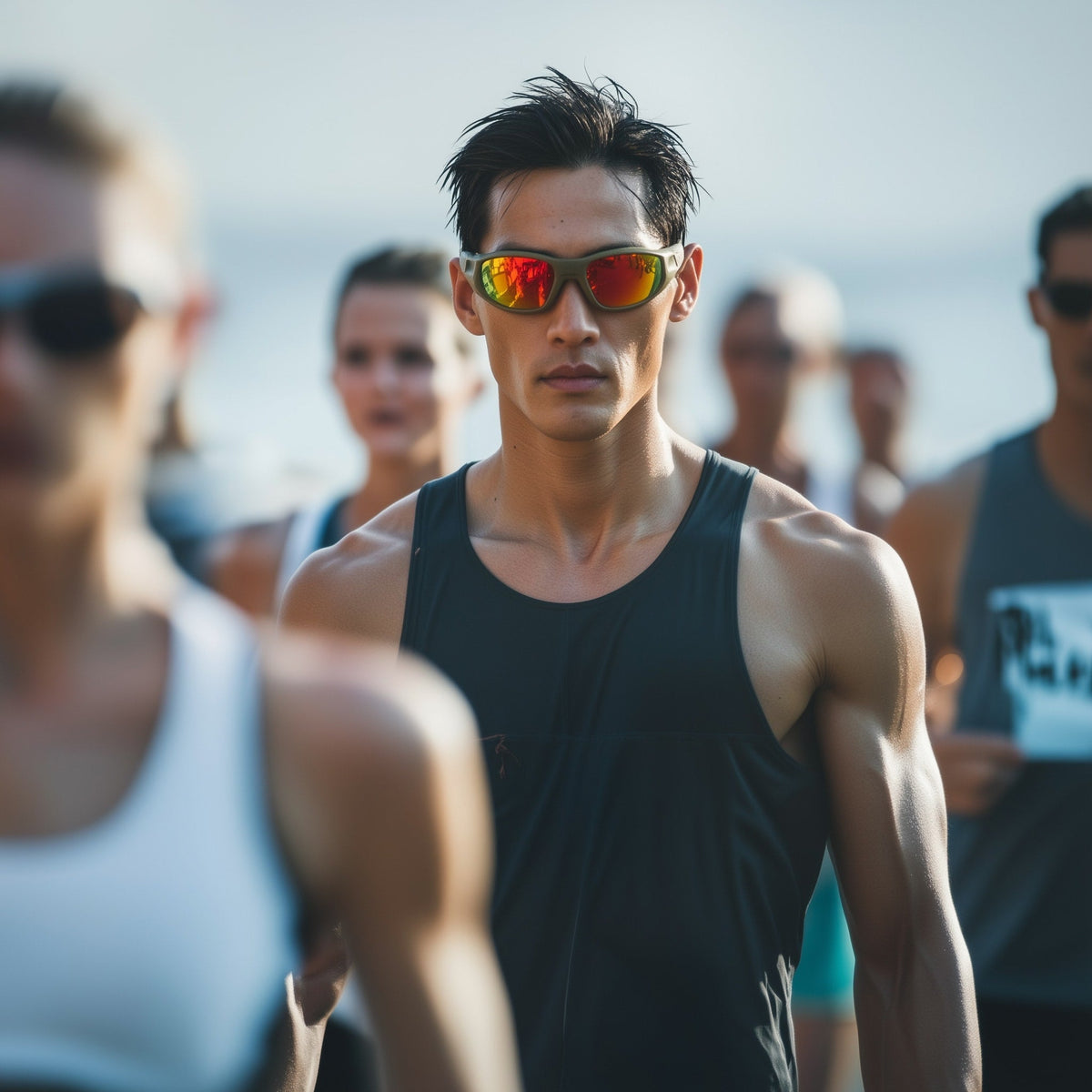 Man wearing sunglasses and athletic gear with a group of people in the background (Orange)