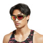 Man wearing reflective sunglasses and a patterned tank top on a white background (Orange)