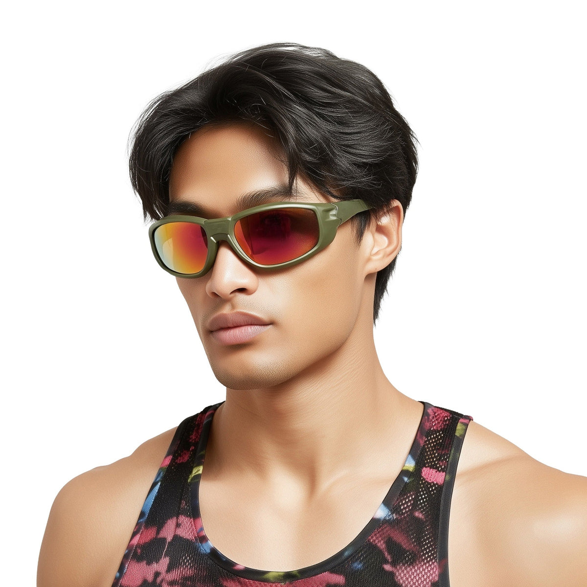 Man wearing reflective sunglasses and a patterned tank top on a white background (Orange)