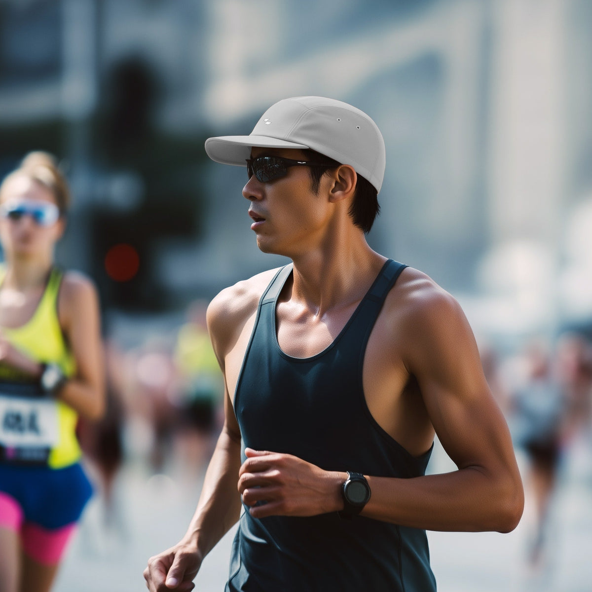 Man running in a race with a blurred background
