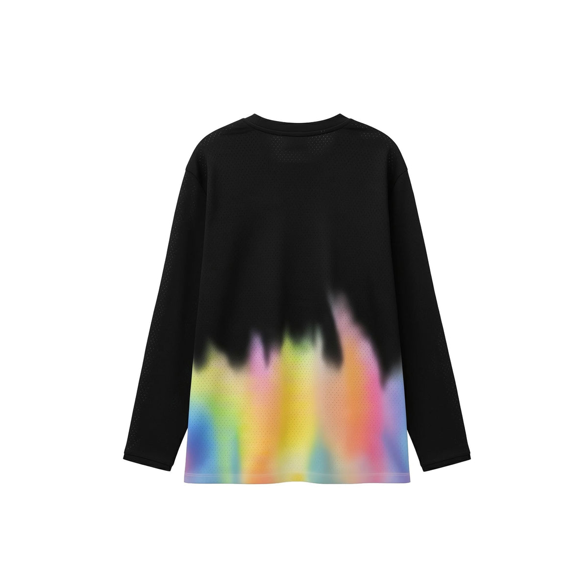 Black long-sleeve shirt with a colorful tie-dye design on the back against a white background (Black)