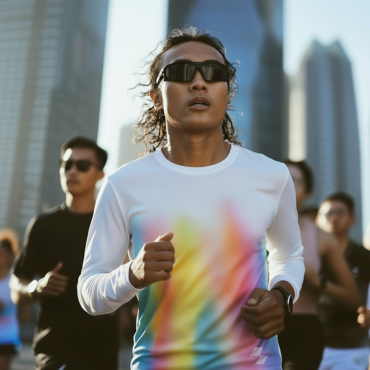 Person running with a colorful shirt in an urban setting (White)