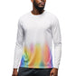 Man wearing a white long-sleeve shirt with a colorful gradient design on a white background (White)