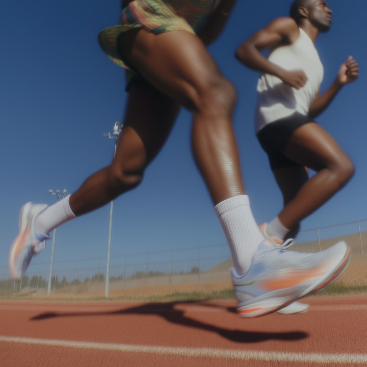 Two runners on a track with a clear blue sky in the background (White)