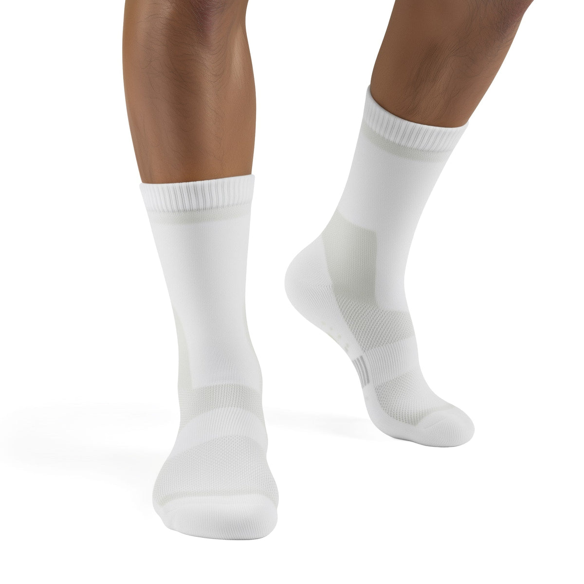 White socks worn by a person on a white background (White)