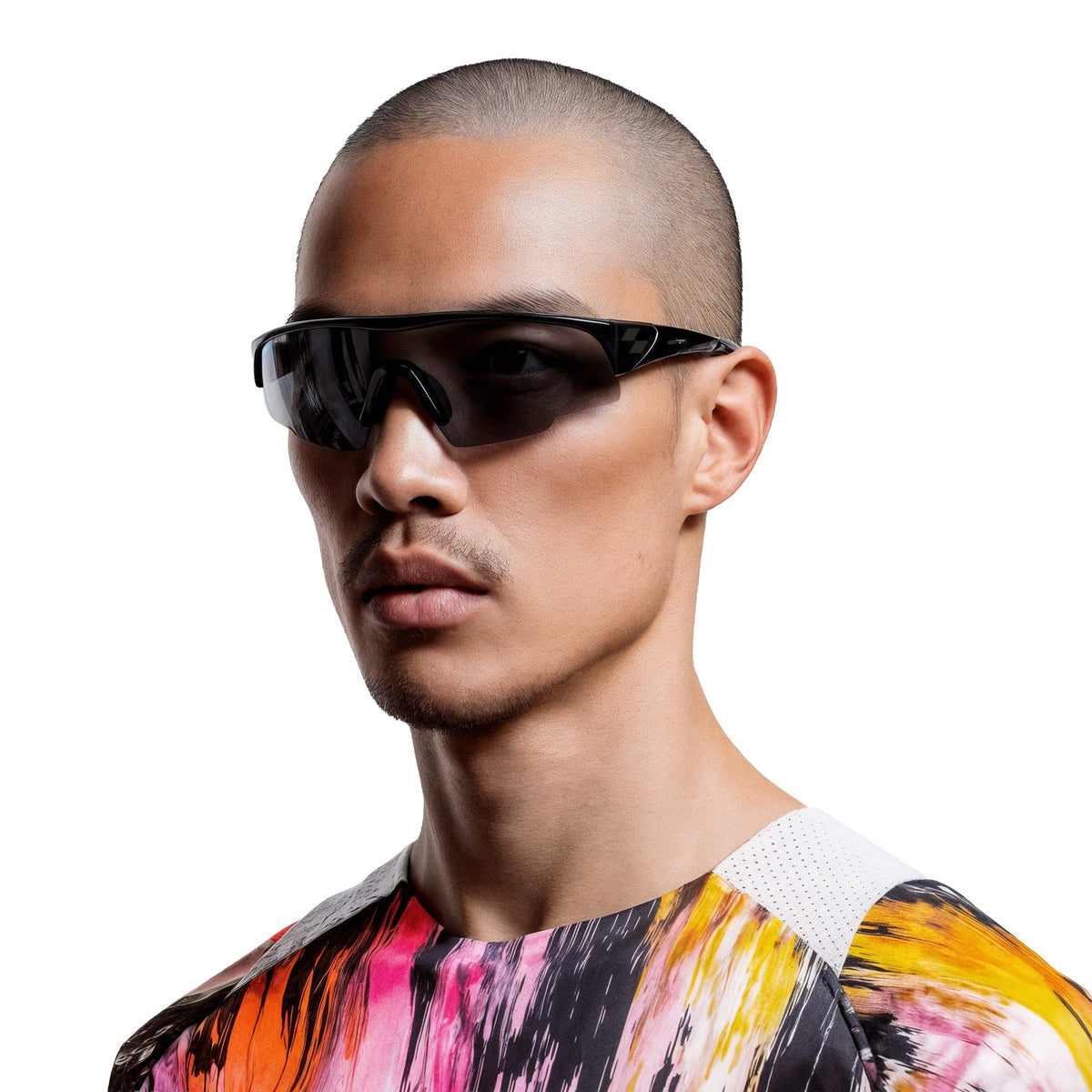 Man wearing black sunglasses and a colorful shirt on a white background (Black)