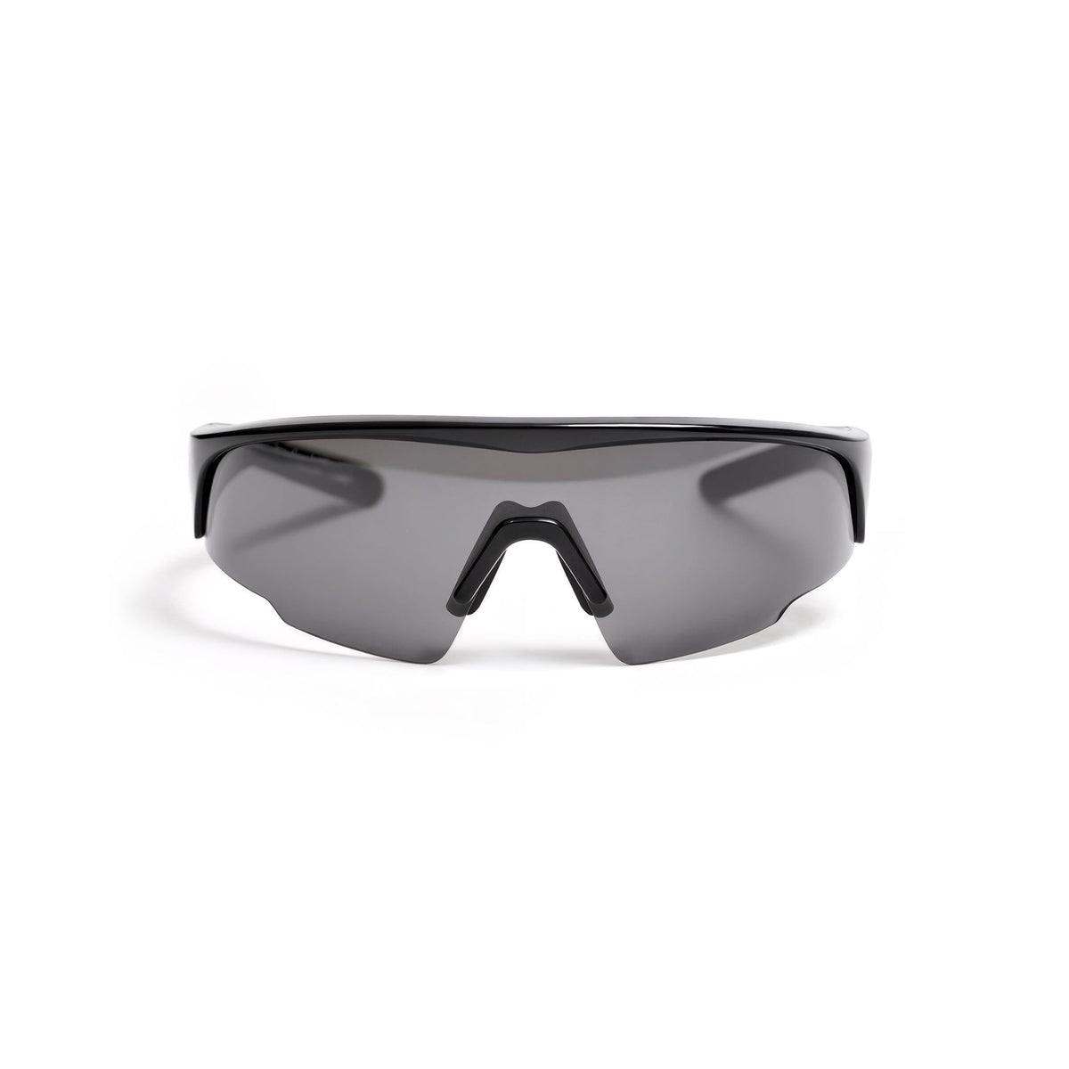 Black shield-style sunglasses with dark lenses on a white background (Black)