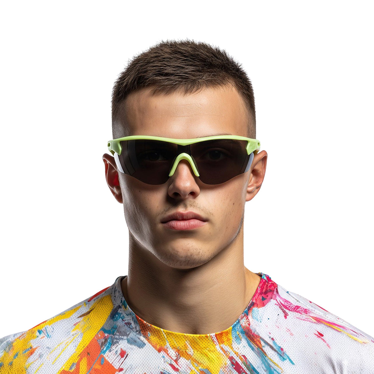 Man wearing colorful sunglasses with a white background (Green)