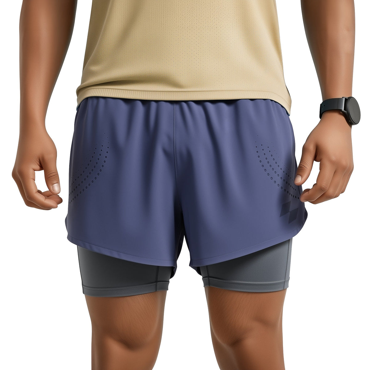 Person wearing a two-tone athletic short with blue top and gray bottom on a white background (Blue)