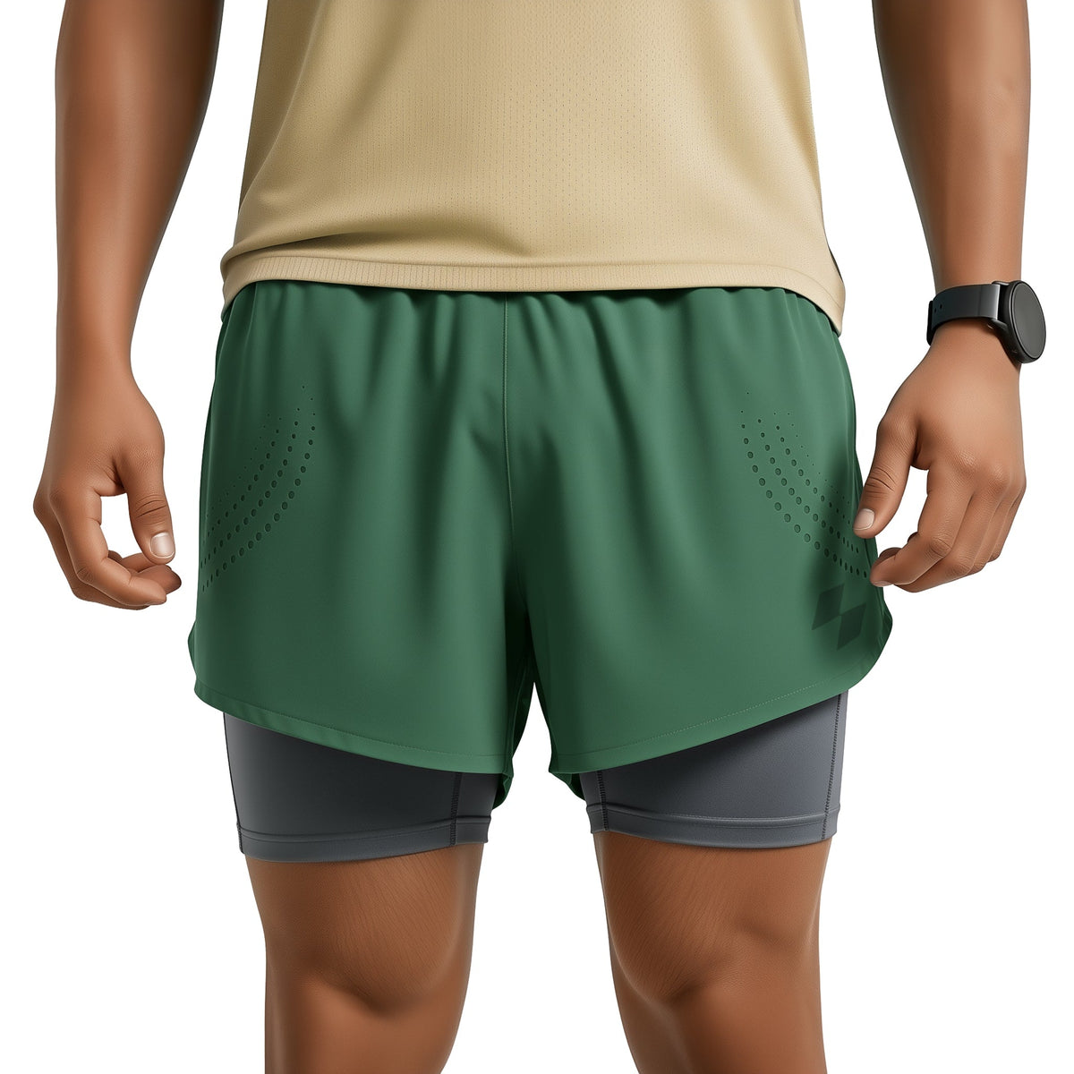 Green athletic shorts worn by a person on a white background (Green)