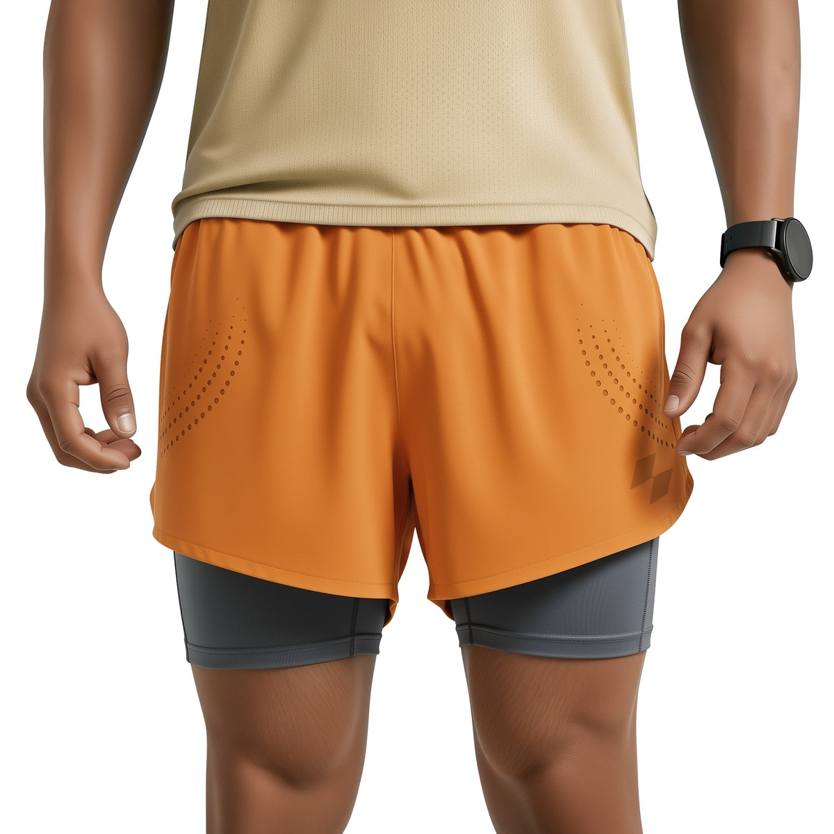 Person wearing a beige top and two-tone shorts on a white background (Orange)