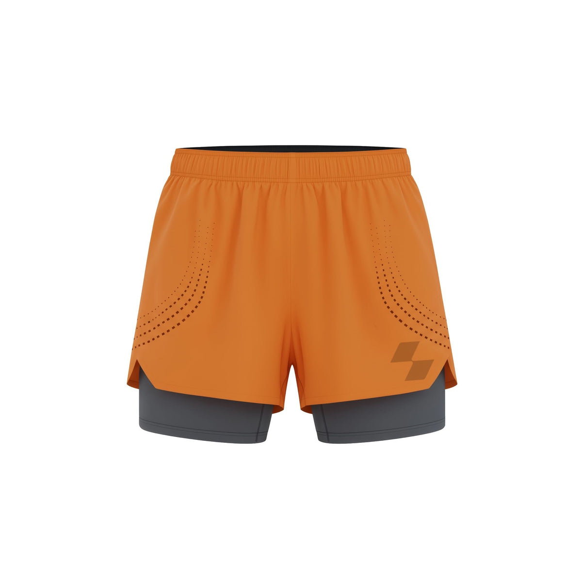 Orange athletic shorts with a gray inner layer on a white background (Orange)