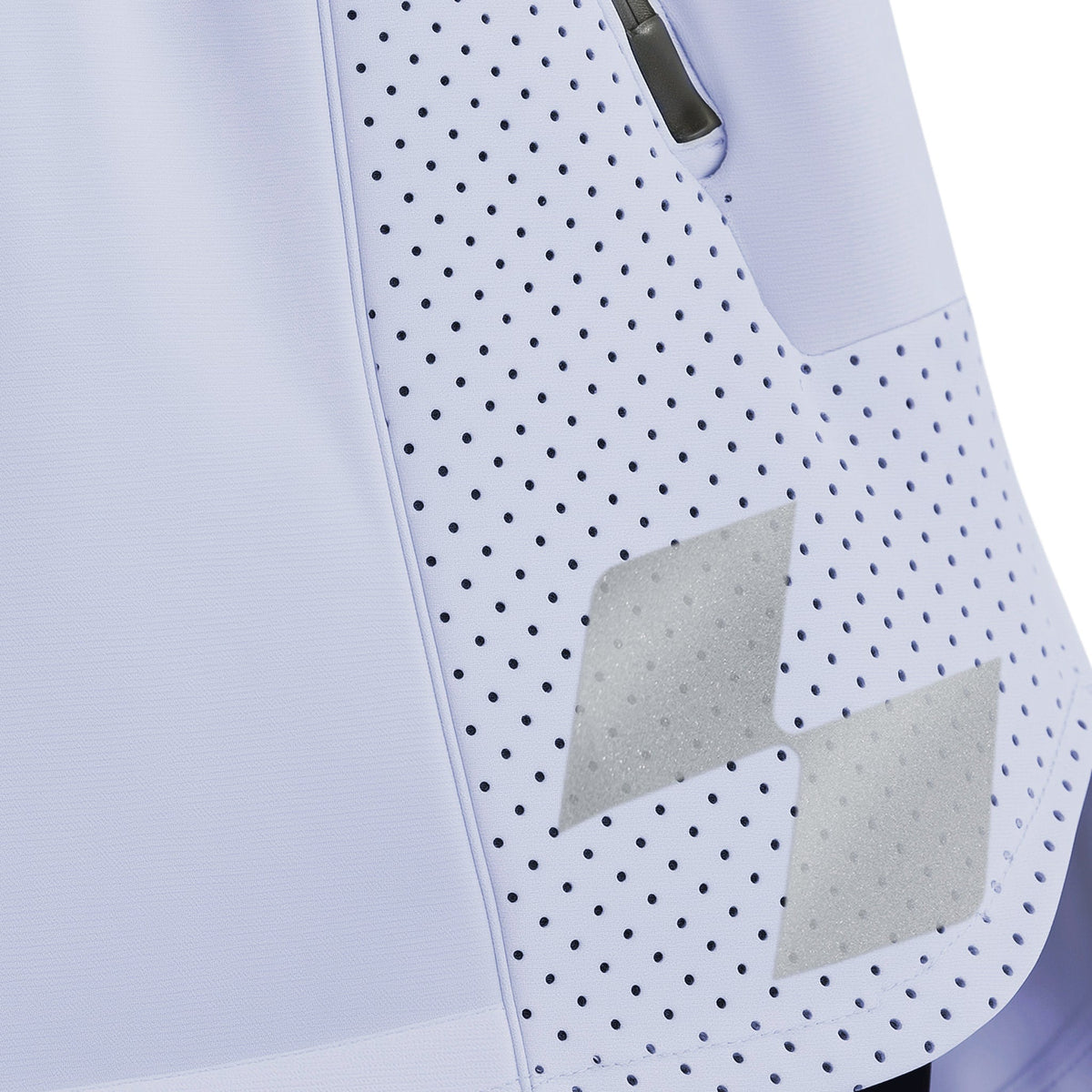 Close-up of a white sneaker with perforated design and geometric patterns on a light gray background (Violet)