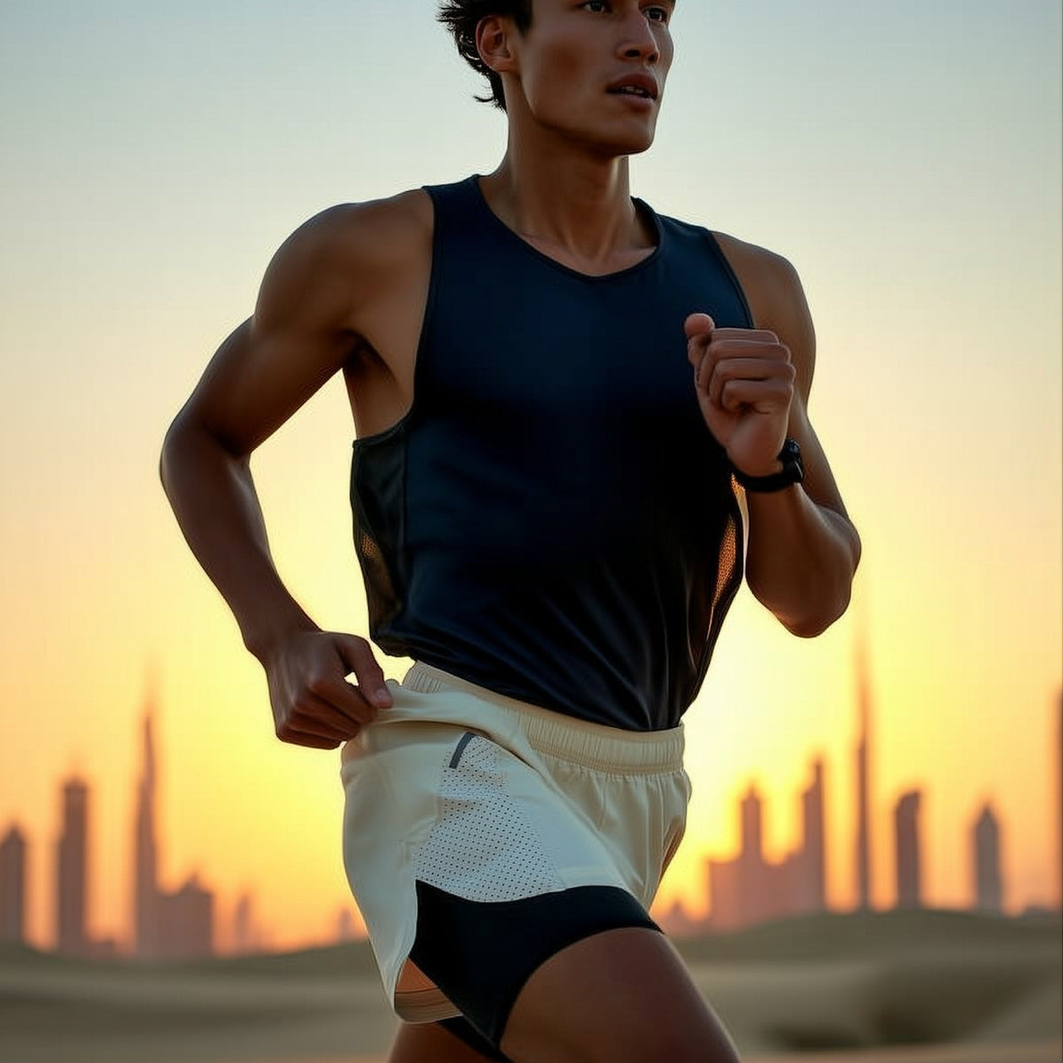 Person running in a desert landscape during sunset (White)