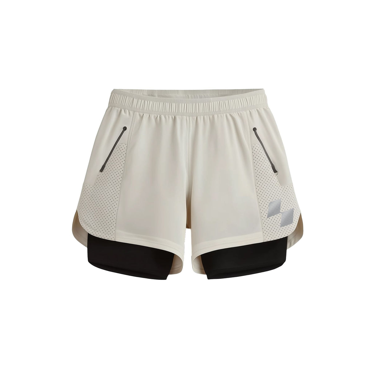 Beige athletic shorts with black accents on a white background (White)