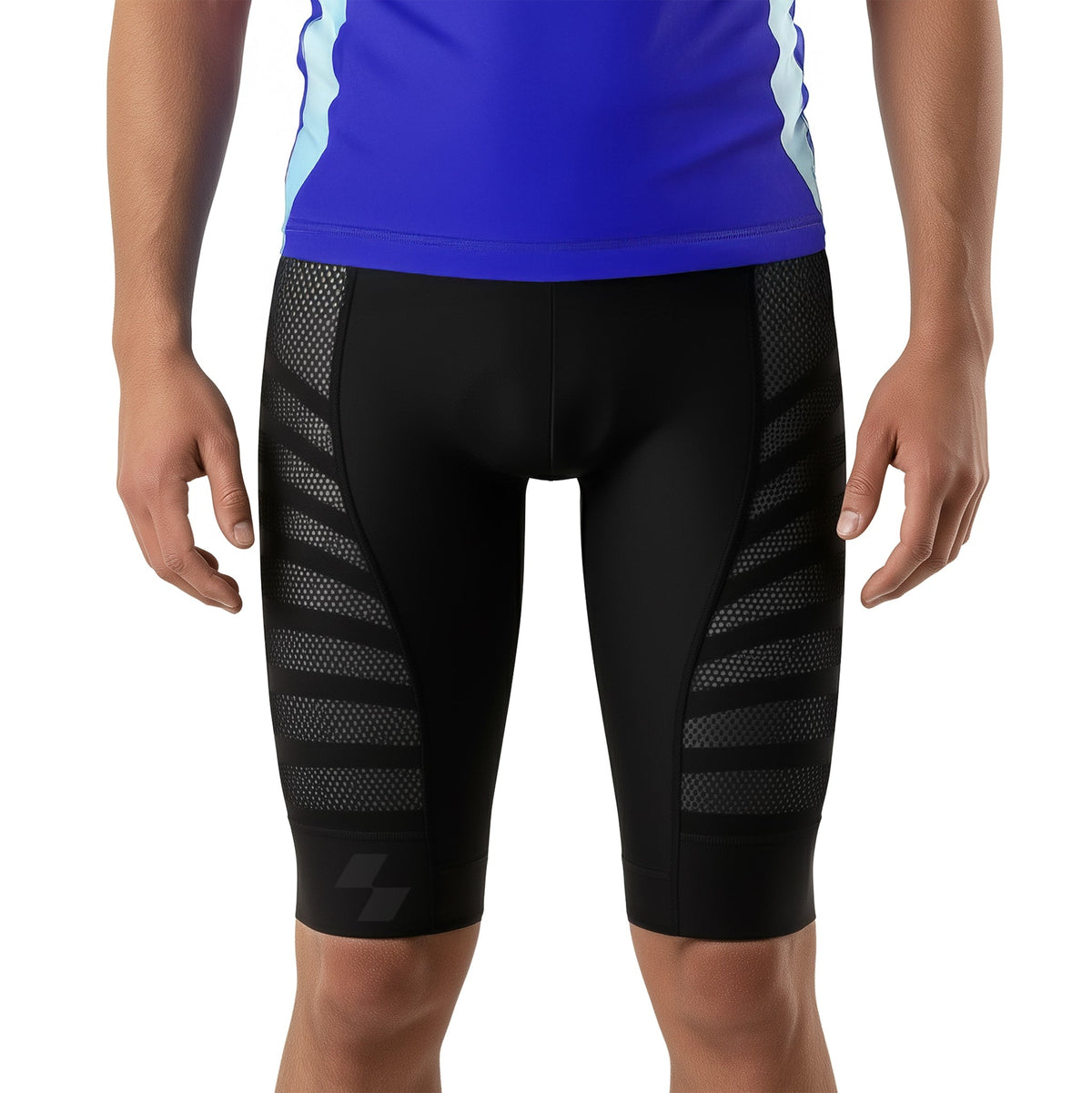 Person wearing black athletic shorts with a blue top on a white background (Black)